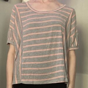 Medium Forever21 Gray & Pink Striped Girly Casual Short Sleeve Tee